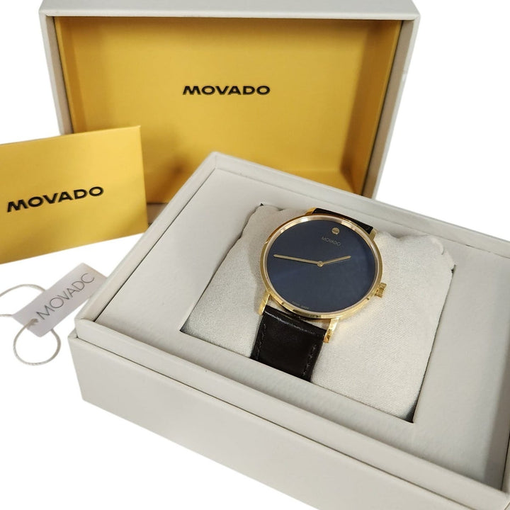 Movado Museum Classic Swiss Made Watch Blue Dial Gold -Tone Case, Brown Leather Strap Box & Tag