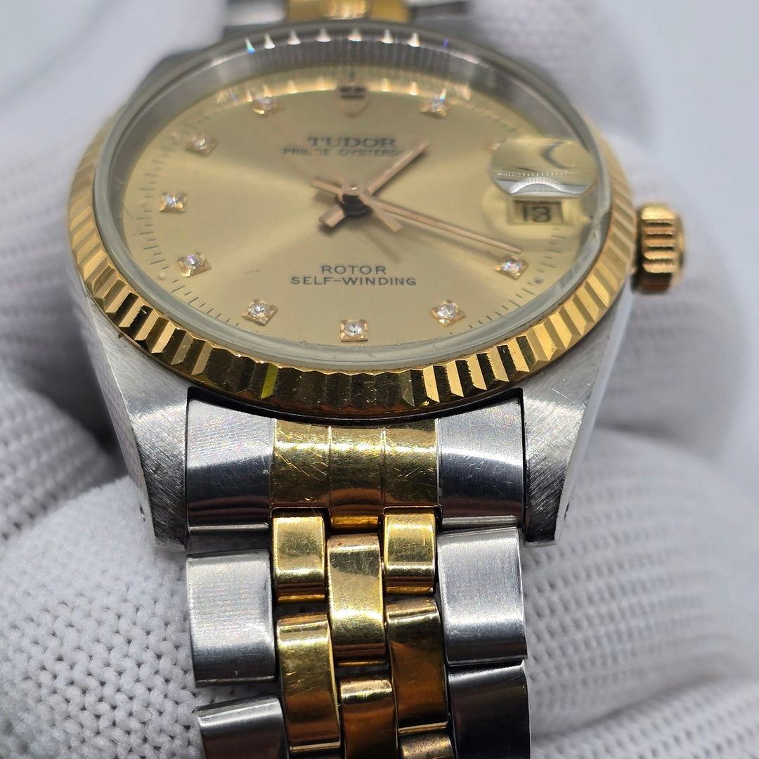 Vintage Tudor Prince Oysterdate 72033 18K Gold Bezel Diamond Dial Circa 1995