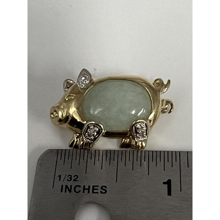 10k Yellow Gold Jade & Diamond Pig Brooch pin And Pendant