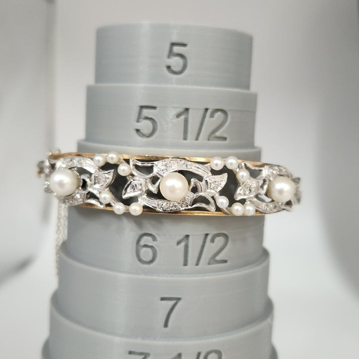 Vintage 14k Two Tone Gold Diamond Pearls Bangle Bracelet