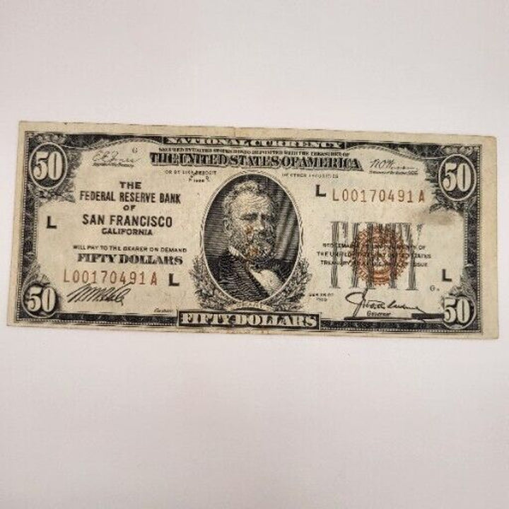1929 $50 CURRENCY BANK NOTE THE FEDERAL RESERVE BANK of SAN FRANCISCO CA.