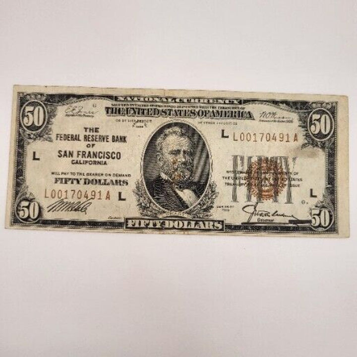 1929 $50 CURRENCY BANK NOTE THE FEDERAL RESERVE BANK of SAN FRANCISCO CA.