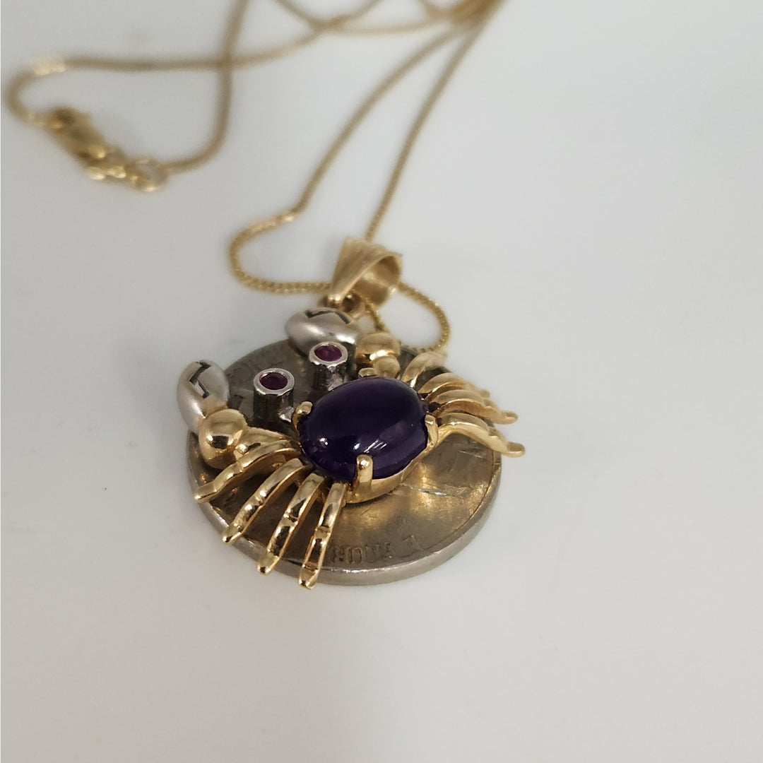 10K Yellow Gold Crab Pendant with purple Cabochon Pink Stone Accents with necklace 18"