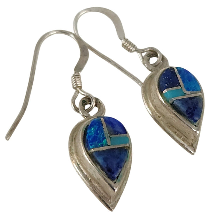Vintage 925 Sterling Silver Blue Opal Turquoise Lapis Teardrop Dangle Earrings
