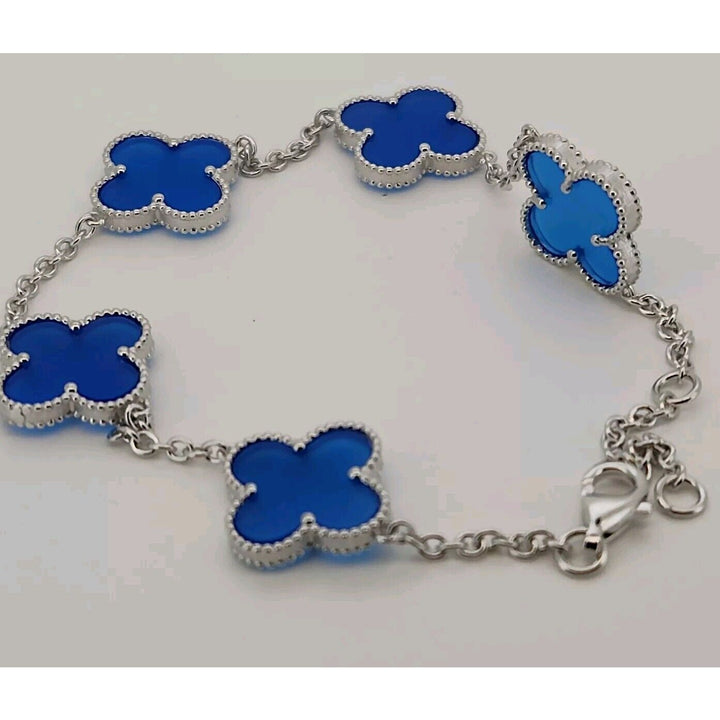 925 Sterling Silver Blue Flowers Bracelet 8.2"