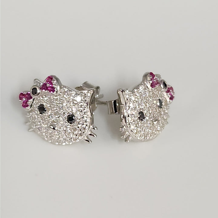 925 Sterling Silver Hello Kitty Style Earrings W/ CZ & Ruby Accent Sparkle Studs