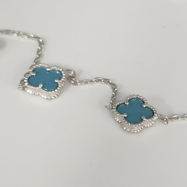 Chic Silver Turquoise Clover Motifs Necklace 21"