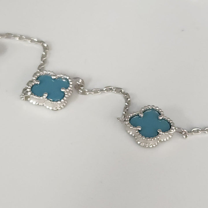Chic Silver Turquoise Clover Motifs Necklace 21"