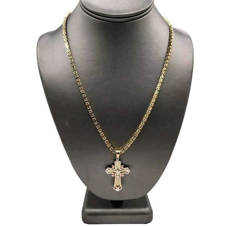 14k Yellow Gold Two Tone Cross Pendant Solid Turkish Chain Necklace 21"