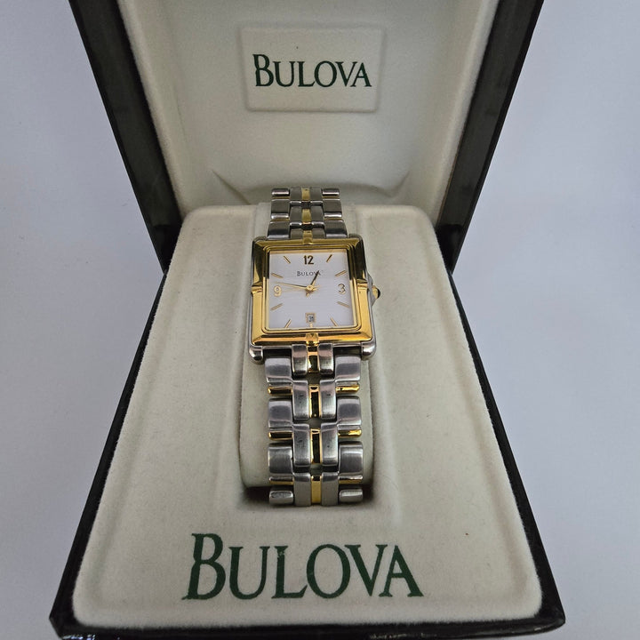 Bulova 98G60 Men's Two Tone Stainless Quartz Square Date Watch Japan Mvt w/ Box.