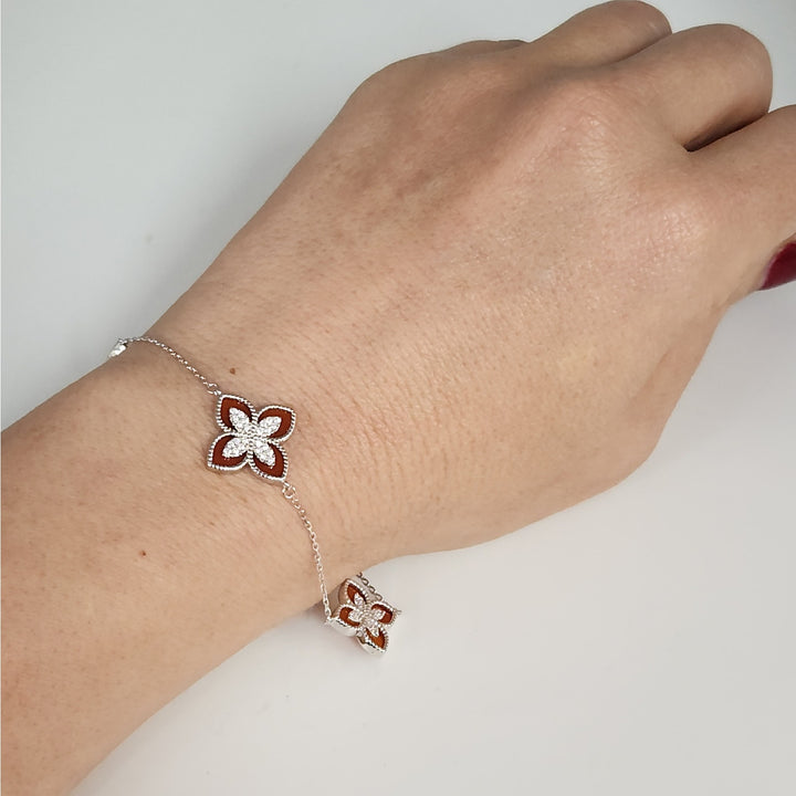Pretty 925 Sterling Silver Red Clovers Floral bracelet 7.5 "