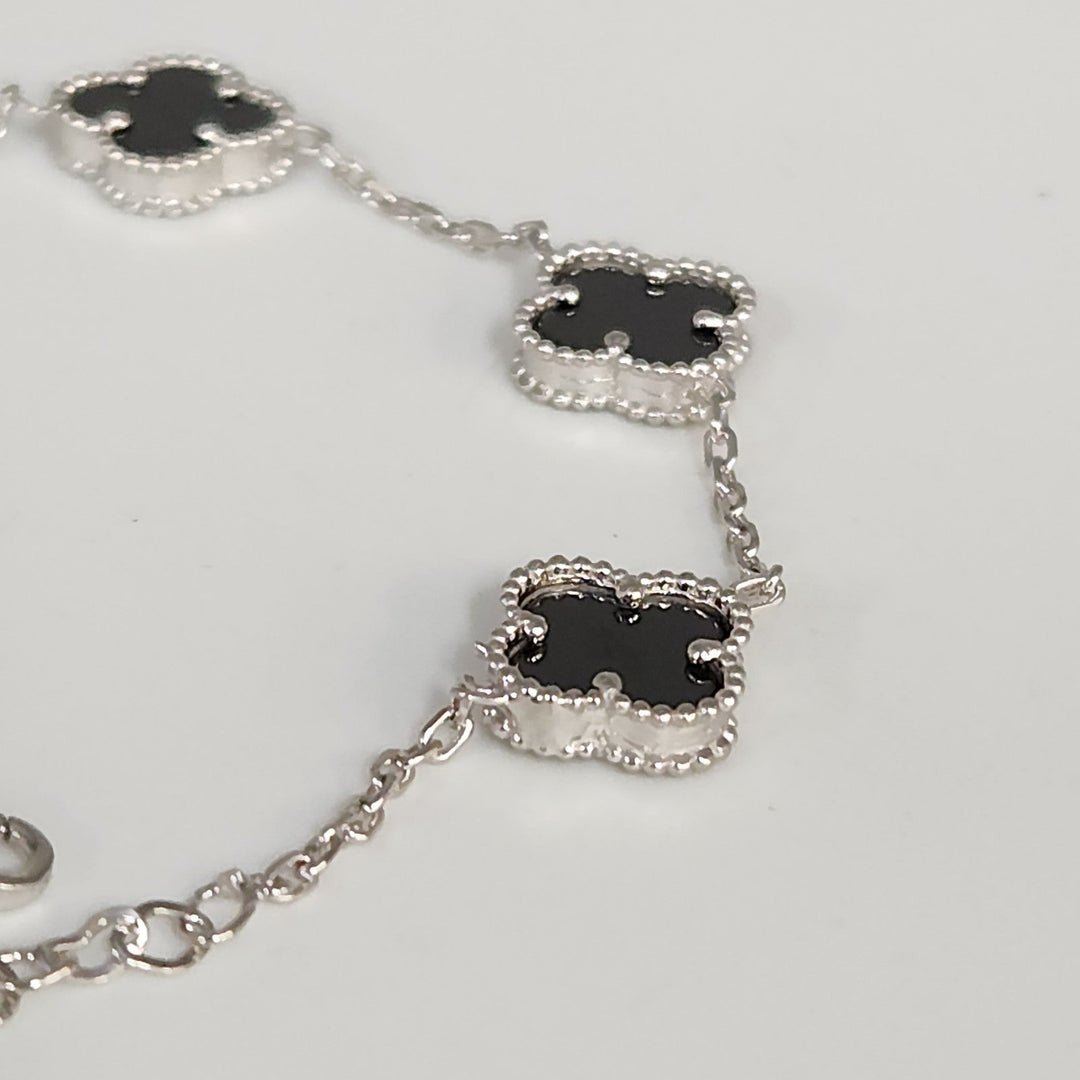 Fashion Silver Onyx Floral Clover Bracelet 8"