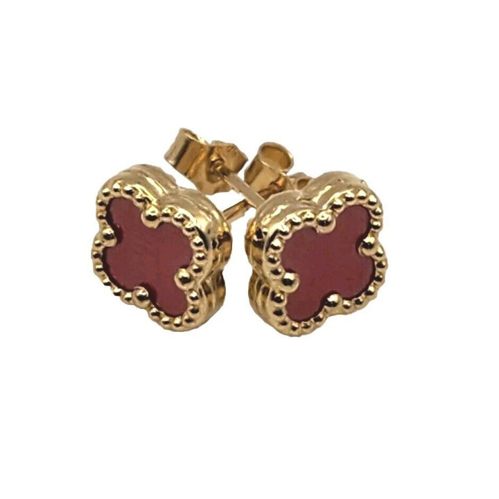 14k Yellow Gold Red Flower Earrings