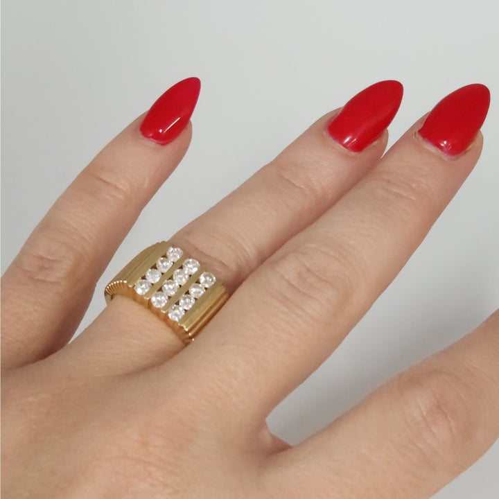 14k Yellow Gold Diamond Wide Ribbed Band Ring Multi Row Round Diamonds Ring