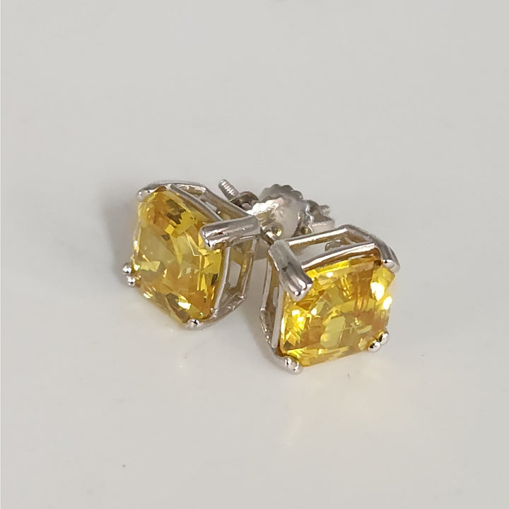925 Sterling Silver Yellow Asscher Cut CZ stud Earrings
