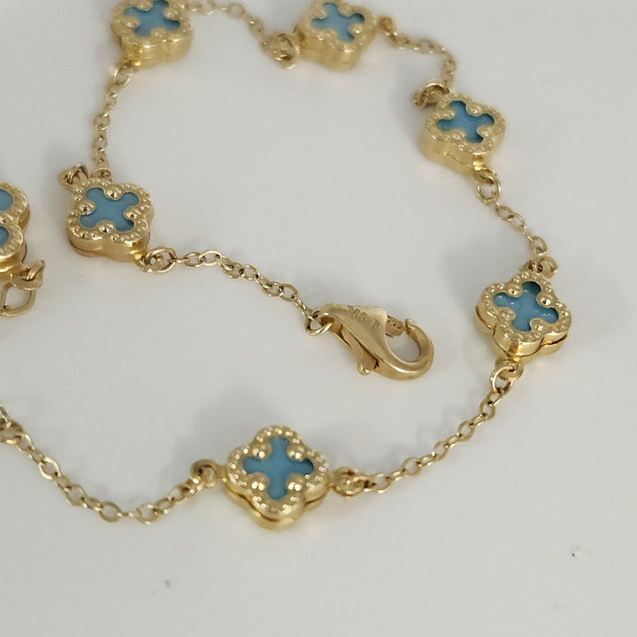 14k Yellow Gold Fashion Blue Flowers Bracelet 7.5"