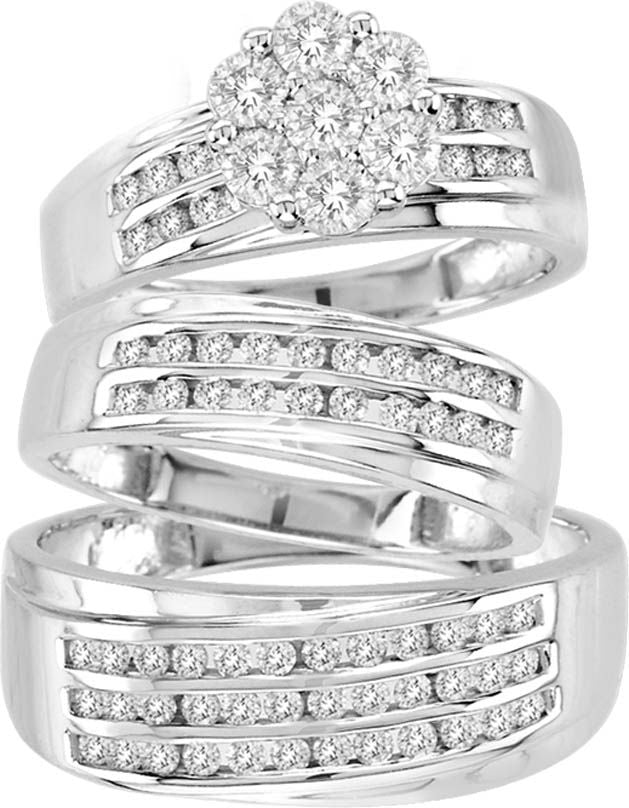 14k White Gold 1.60CT Lab Diamond Trio Wedding Ring Set