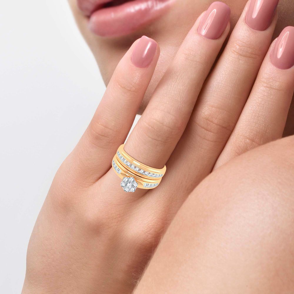 14k Yellow Gold 1ct Lab Diamond Bridal Trio Wedding Ring Set