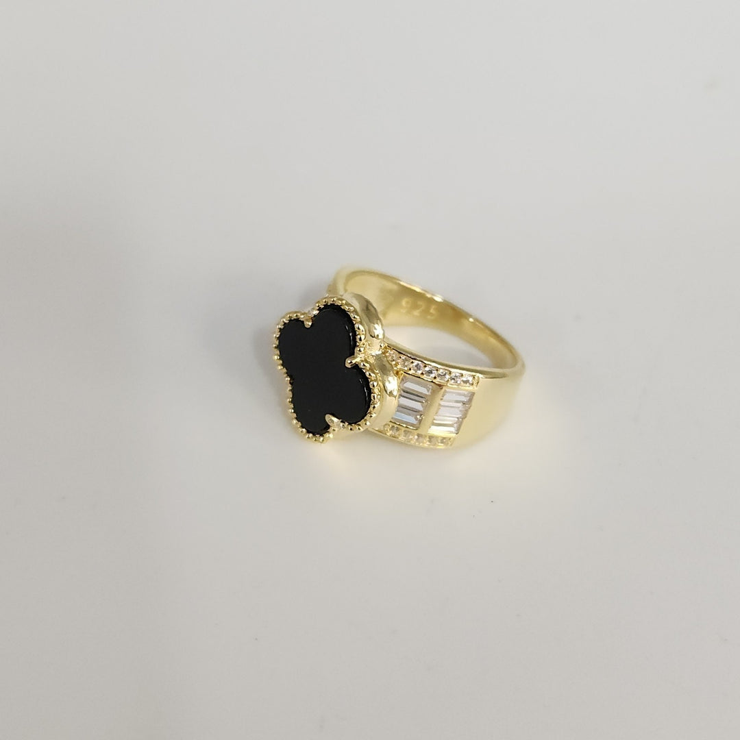 Luxury 925 Silver Gold Plated Onyx Clover Ring With Zirconia Stones Size 6