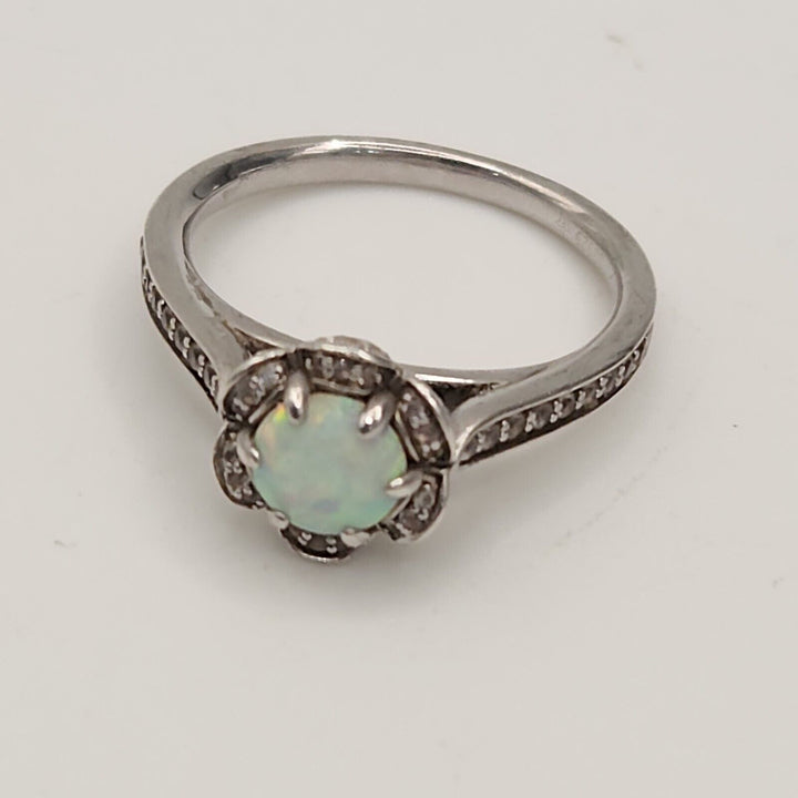 925 Sterling Silver Opal And Diamond Ring Size 6.75