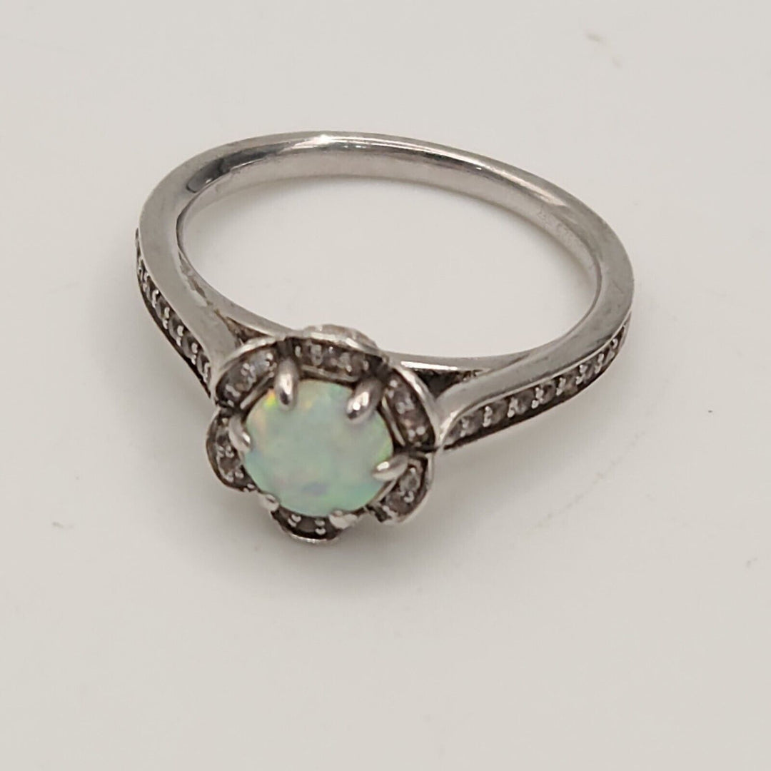 925 Sterling Silver Opal And Diamond Ring Size 6.75
