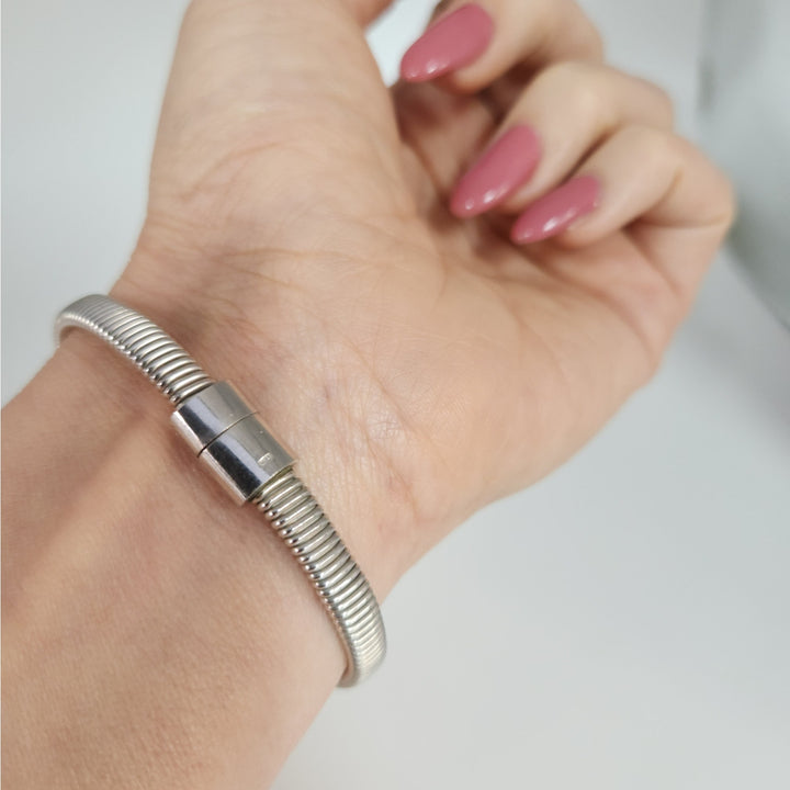 925 Sterling Silver Ribbed Cuff Bracelet with CZ Accents 7.2"