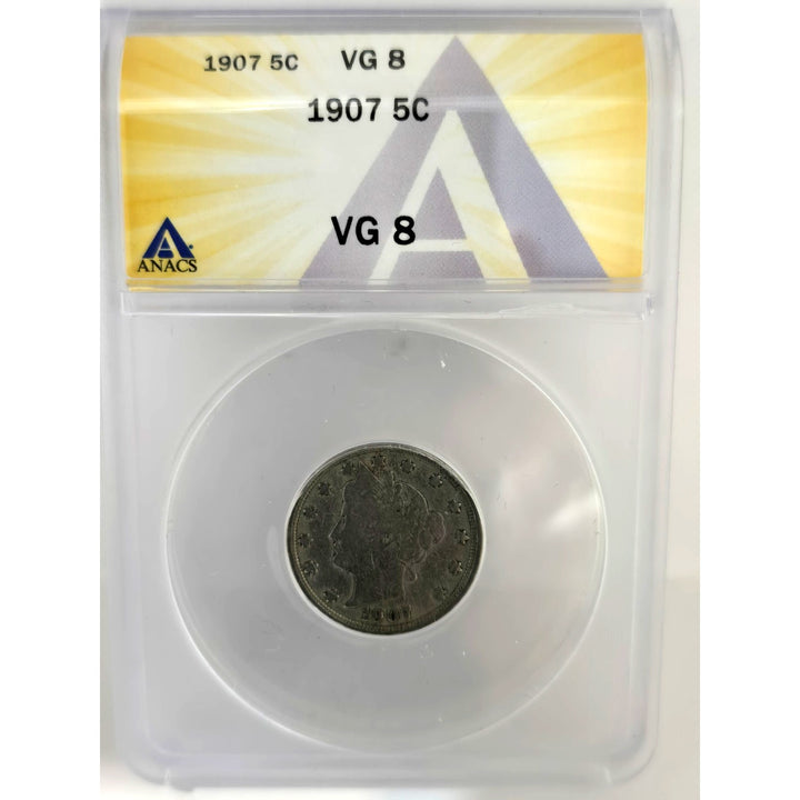 1907 .05 ANACS VG8 Liberty Nickel, V Nickel, 5 Cent Piece Free Shipping