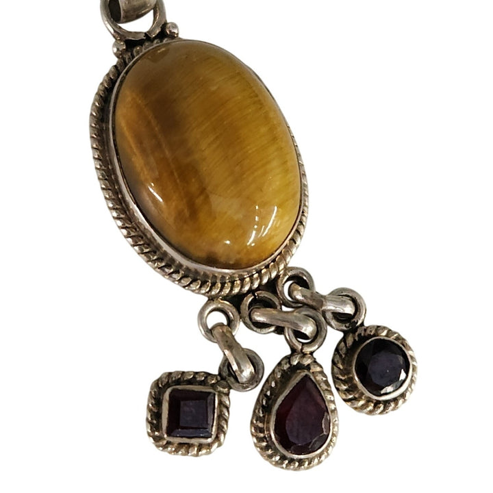 Vintage 925 Silver Golden Tiger's Eye Boho & Natural Garnet Dangle Pendant