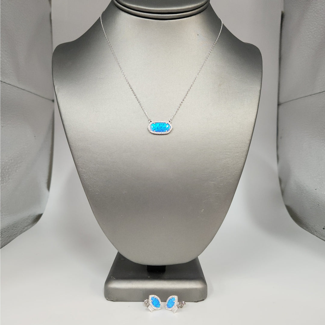 925 Sterling Silver Blue Opal & CZ jewelry set Necklace & Matching Earrings