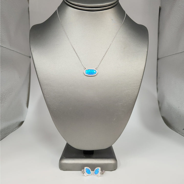 925 Sterling Silver Blue Opal & CZ jewelry set Necklace & Matching Earrings