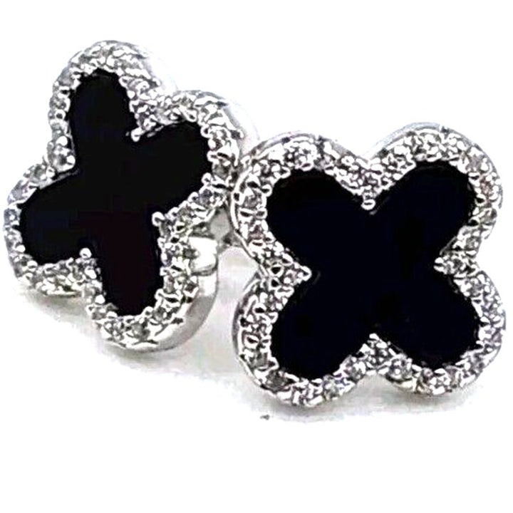 Stunning 925 Sterling Silver Onyx Zirconia Flowers Stud Earrings A