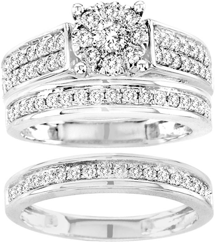 14k White Gold 1.35CT Lab Diamond Womens Trio Wedding Set