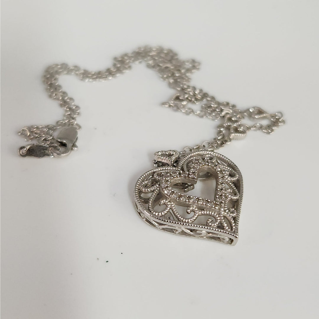 925 Sterling Silver Vintage Filigree Open Heart Pendant Necklace 18"