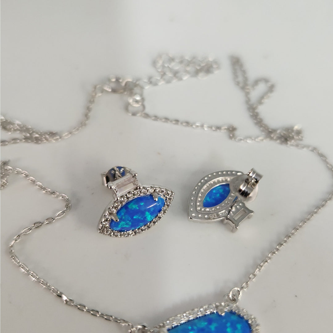 925 Sterling Silver Blue Opal & CZ jewelry set Necklace & Matching Earrings