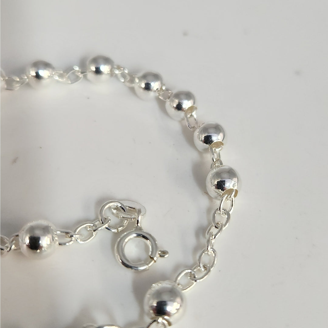 925 Sterling Silver Rosary Bead Cross Bracelet 7.5"