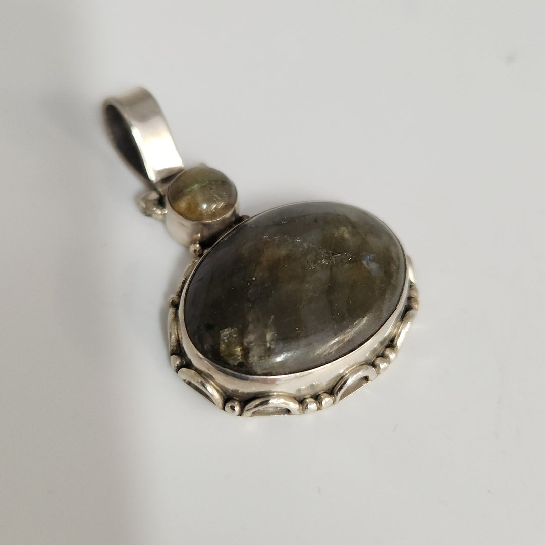 925 Sterling Silver Labradorite And Yellow Tourmaline Pendant Artisan Vintage
