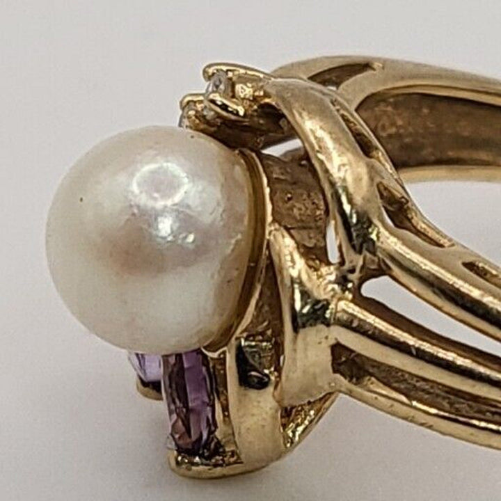 14K Yellow Gold Vintage Pearl Amethyst Diamond Ring - 3.8 gms, Sz 7.5