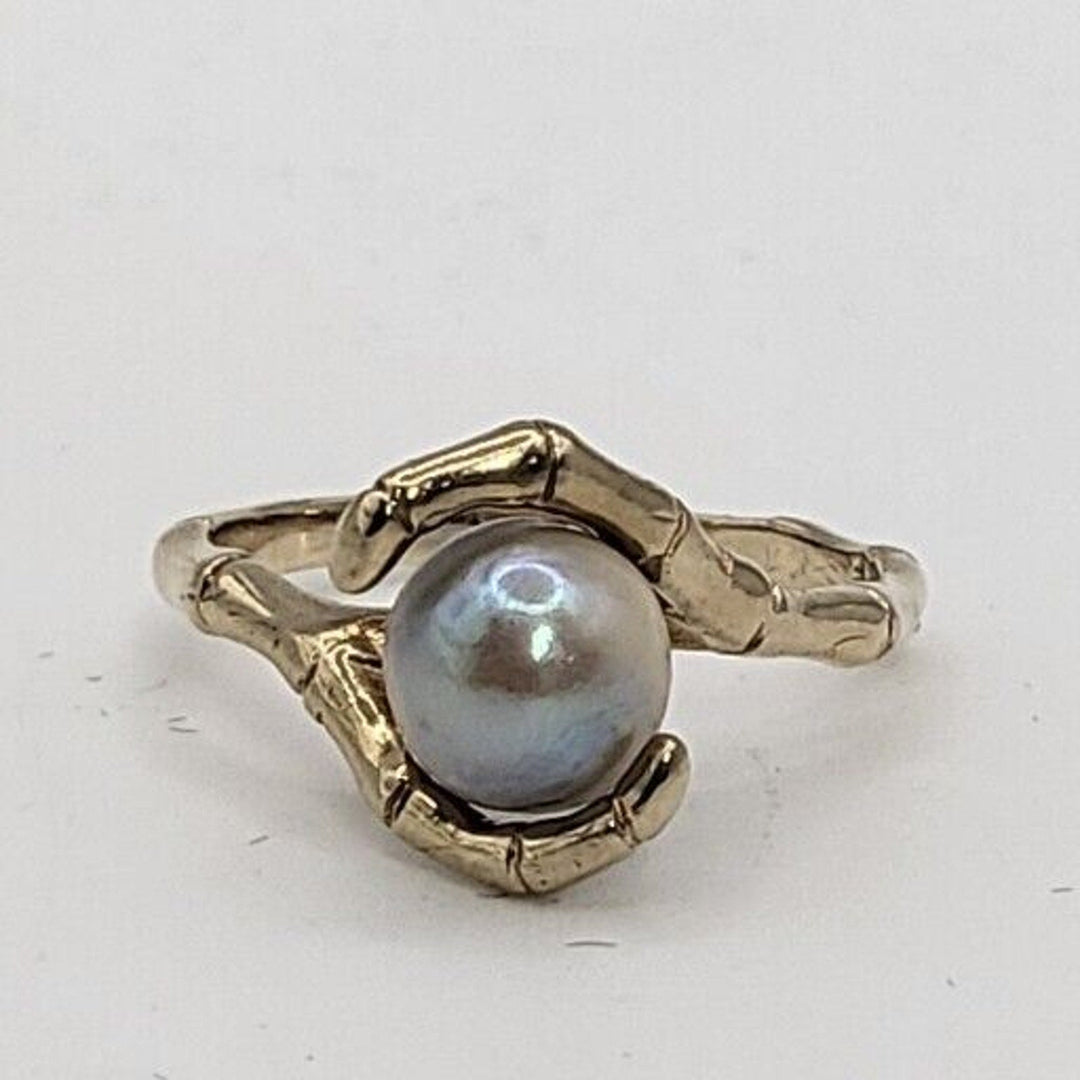 Vintage 14k Gold Natural Grey 7.8MM Pearl Bamboo Style Ring 3.6g, Sz 5.75