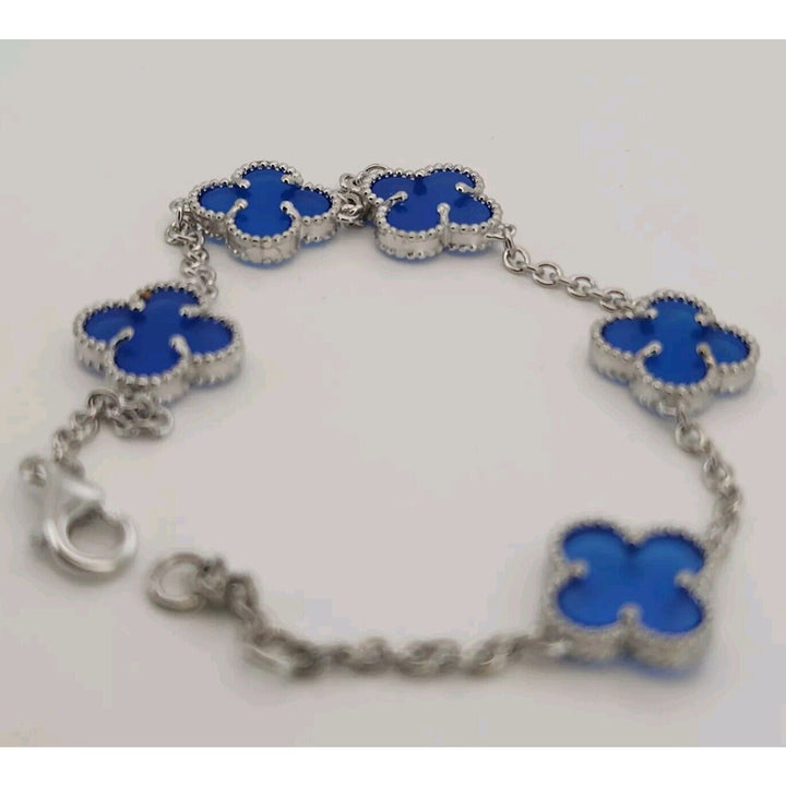 925 Sterling Silver Blue Flowers Bracelet 7.5"