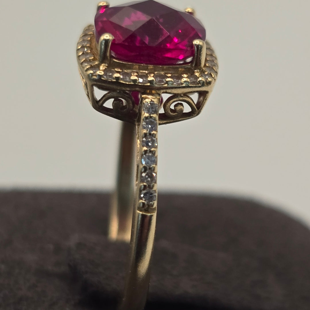 14K Gold Ruby & Diamond Halo Ring 3.0g Size 6.75 Cushion Cut Ring