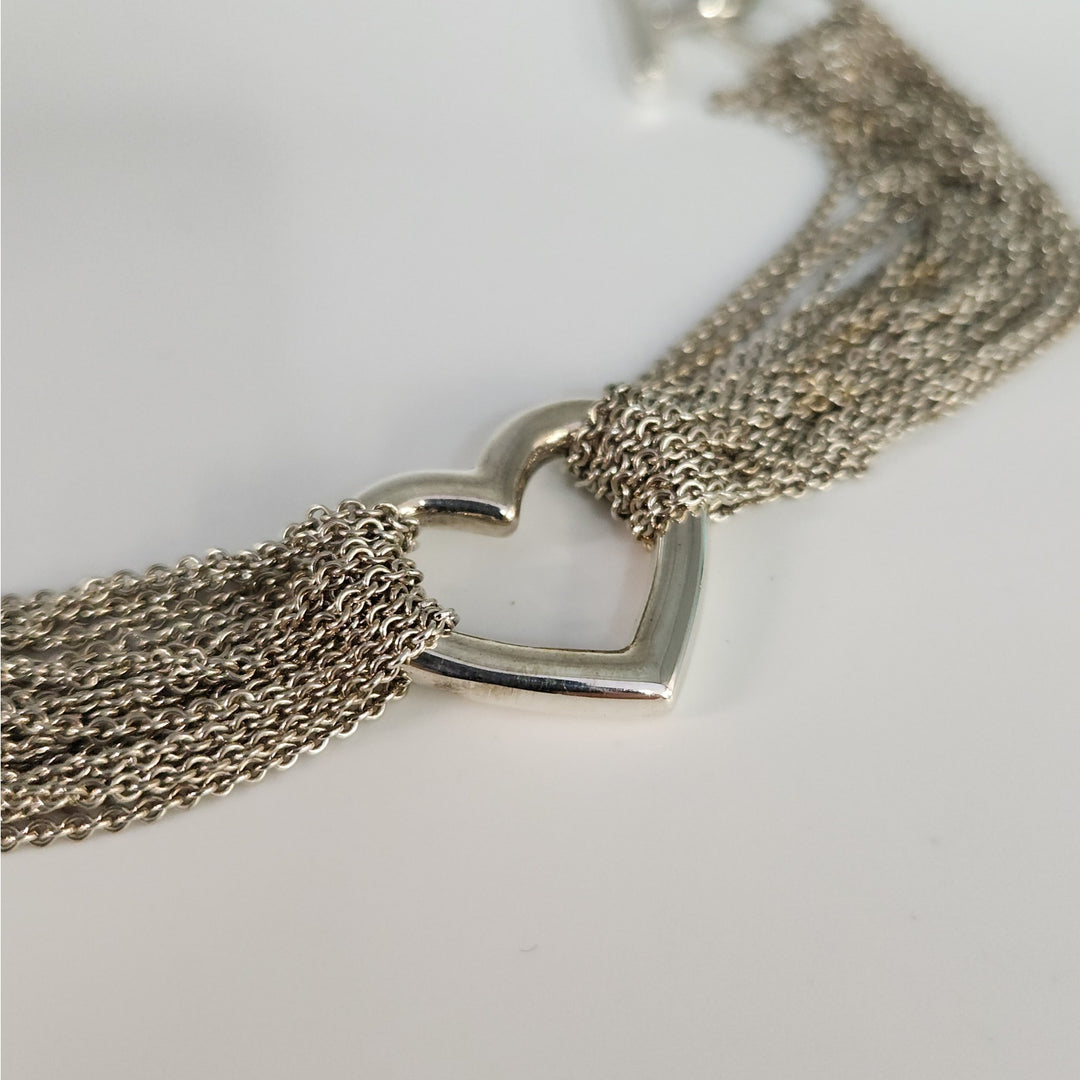Tiffany & Co. Sterling Silver Multi-chain Heart Bracelet With Box & Pouch