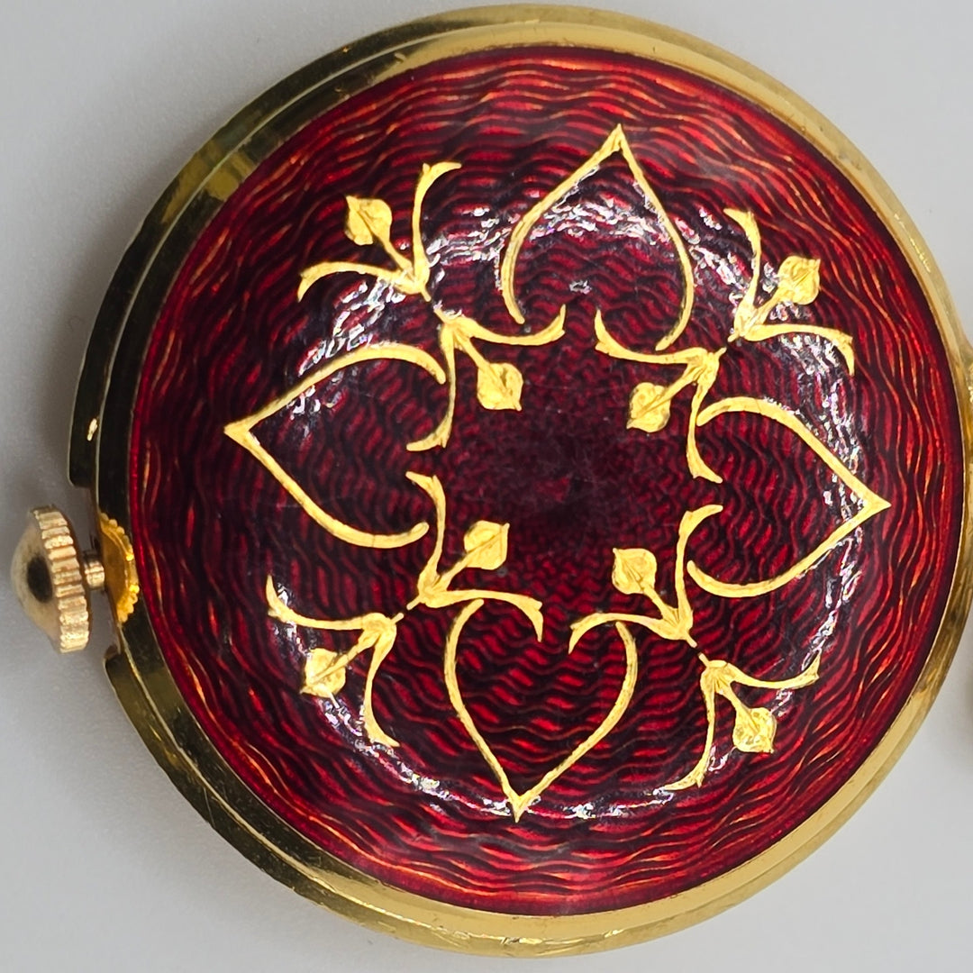 Vintage Bucherer 17 Jewel Swiss Red Enamel Pendant Watch w/ Chain