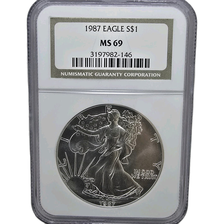 1987 American Silver Eagle, 1 Oz Fine .999 Silver USA Uncirculated $1 NGC MS69