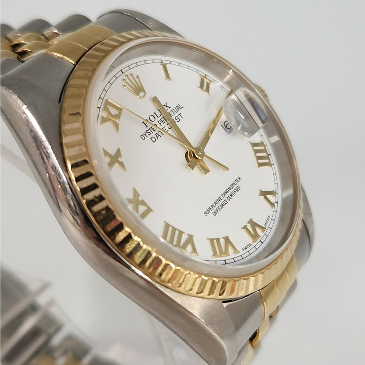 Rolex Datejust 36MM 16233 Two-Tone 18K Yellow Gold & SS Jubilee White Roman Dial