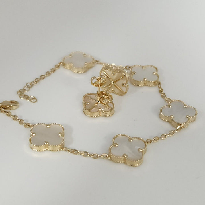 14k Yellow Gold Set Of Mother Of Pearl Flowers Bracelet 7.5" And Earrings