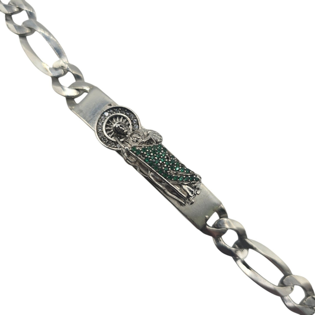 925 Sterling Silver Santa Muerte Bracelet Green Stones 20.6g Italy