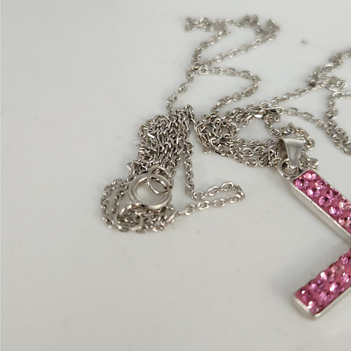 925 Sterling Silver Pink & White Crystal Cross Pendant Necklace 18"
