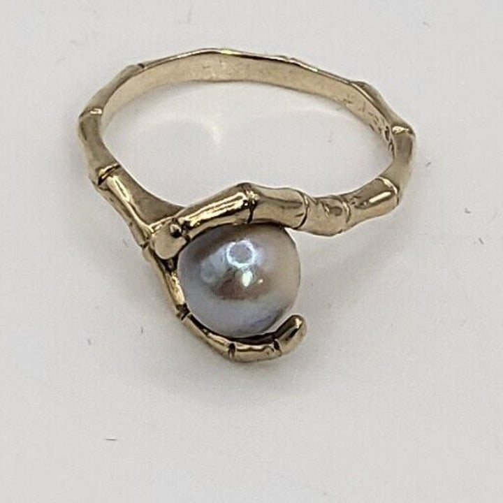 Vintage 14k Gold Natural Grey 7.8MM Pearl Bamboo Style Ring 3.6g, Sz 5.75