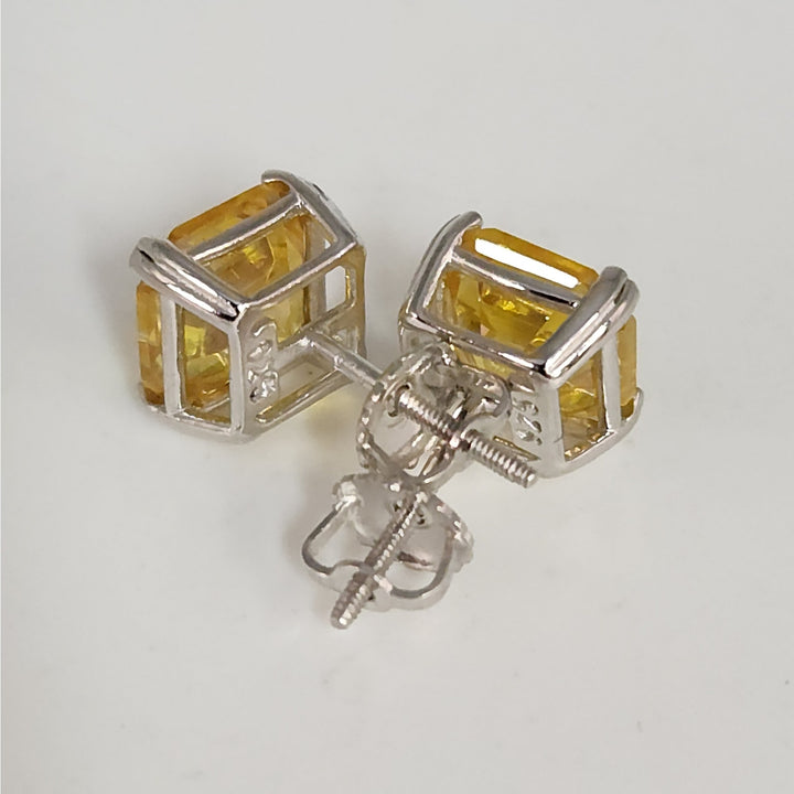 925 Sterling Silver Yellow Asscher Cut CZ stud Earrings