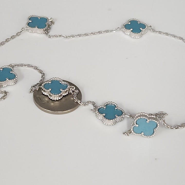 Chic Silver Turquoise Clover Motifs Necklace 21"
